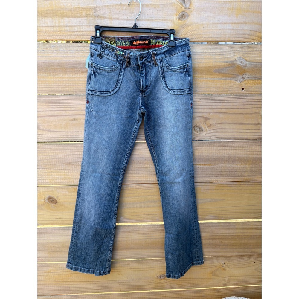 Dollhouse Low Rise flair Jeans Medium Wash Beaded Embroidered Y2K 30 Inseam